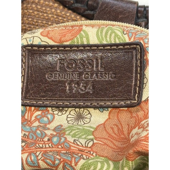 Fossil Brown Woven Circle Handle Satchel Bag Charm‎ Floral Interior - Picture 8 of 12